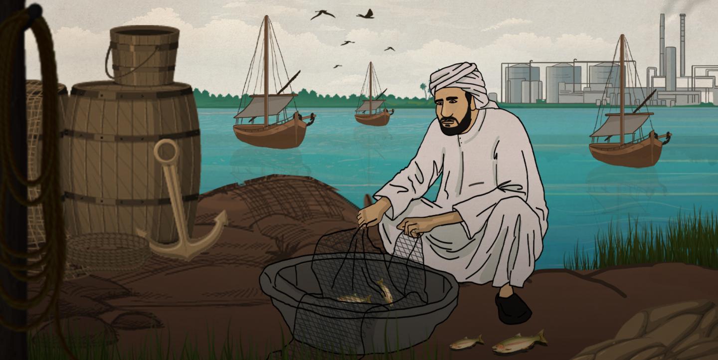 An illustration showing a Bahraini fisherman on the shores of the Arabian Gulf, tending to his fishing net.