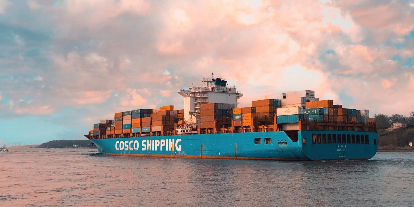 Container ship in water.