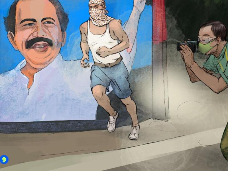 Man taking a photo of a person running in a balaclava by a mural of Nicaraguan President Ortega