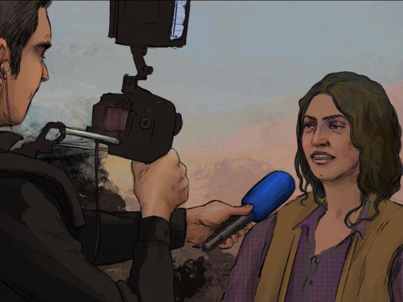 Graphic of a man with a camera interviewing a woman