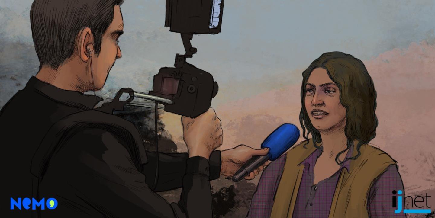 Graphic of a man with a camera interviewing a woman