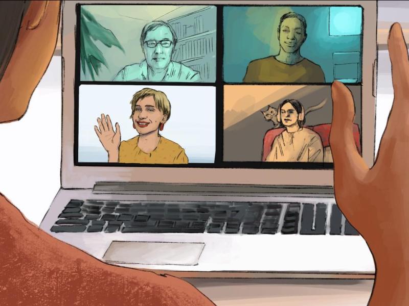 Woman waving at four people on a webcam