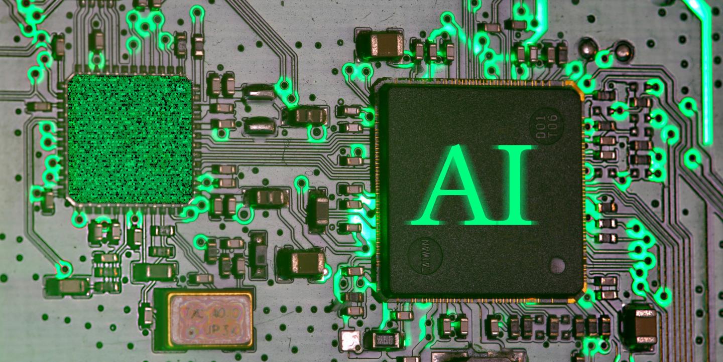 Glowing ai chip on a circuit board