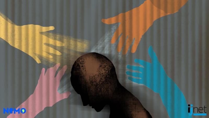 Ilustración de manos de distintos colores extendidas hacia una silueta oscura de perfil