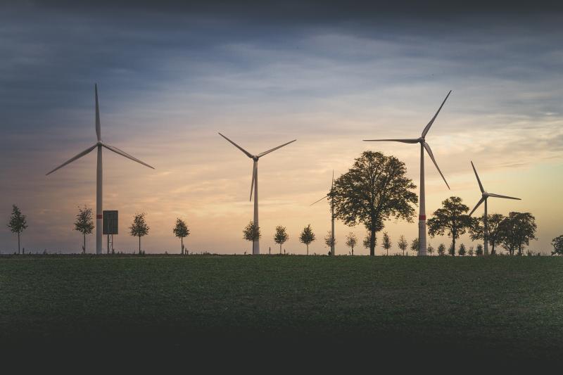 Wind power plants at dusk