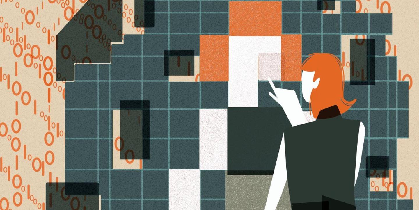 Mujer de espaldas interactúa con una gran estructura digital abstracta compuesta de cuadrados en distintos tonos de verde, naranja, blanco y negro que se unen para reflejar la figura de la mujer. La mano está extendida como si señalara la estructura o interactuara con ella. Detrás de la estructura hay secuencias de código binario (0 y 1) en naranja, que fluyen hacia la cuadrícula digital