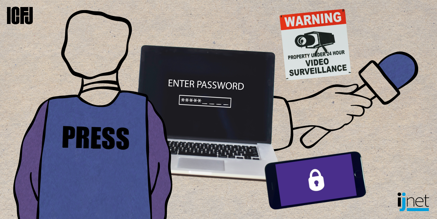 Drawing of a figure with a press jacket on, a computer with password protection, and a lock screen on a phone