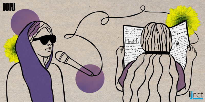 Drawing of a woman in a headscarf talking on a microphone and another woman reading a newspaper